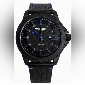 Wrangler Men’s Black Quartz Watch Blue Accents Leather Strap WR165FT New